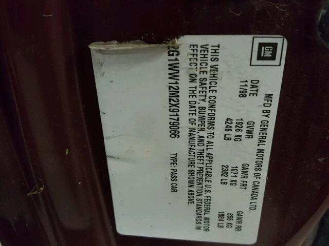 2G1WW12M2X9179066 - 1999 CHEVROLET MONTE CARL ბურგუნდია ფოტო 10