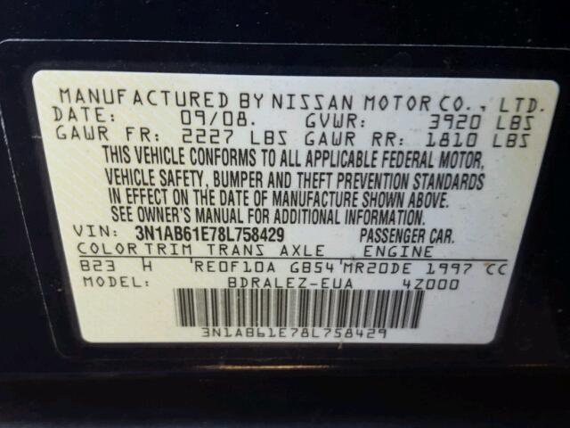 3N1AB61E78L758429 - 2008 NISSAN SENTRA 2.0 BLUE photo 10