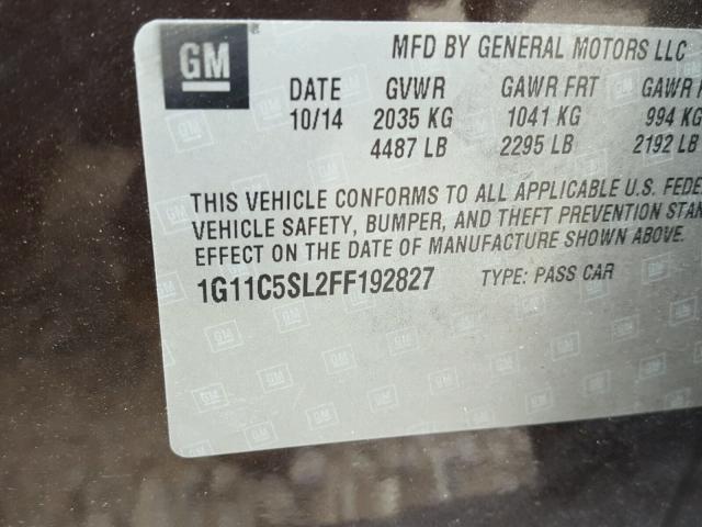 1G11C5SL2FF192827 - 2015 CHEVROLET MALIBU 1LT ყავისფერი ფოტო 10