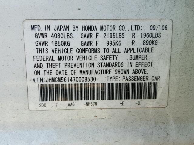 JHMCM56147C008530 - 2007 HONDA ACCORD VAL WHITE photo 10