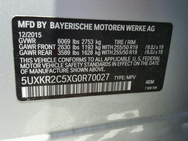 5UXKR2C5XG0R70027 - 2016 BMW X5 SDRIVE3 SILVER photo 10