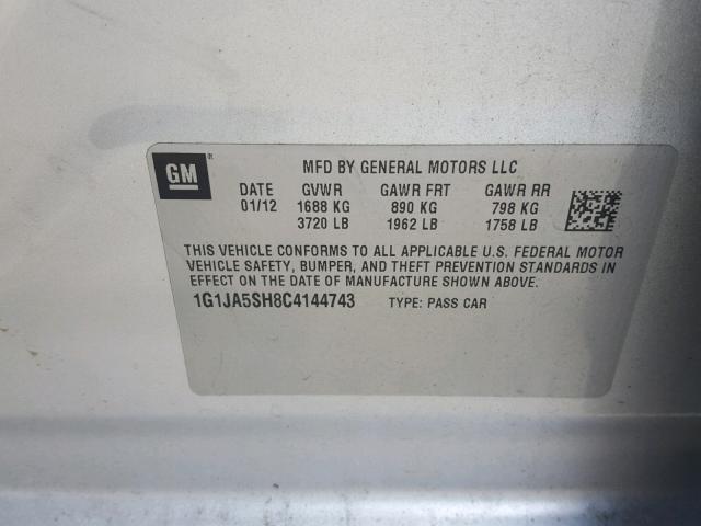 1G1JA5SH8C4144743 - 2012 CHEVROLET SONIC LS 银色 照片 10