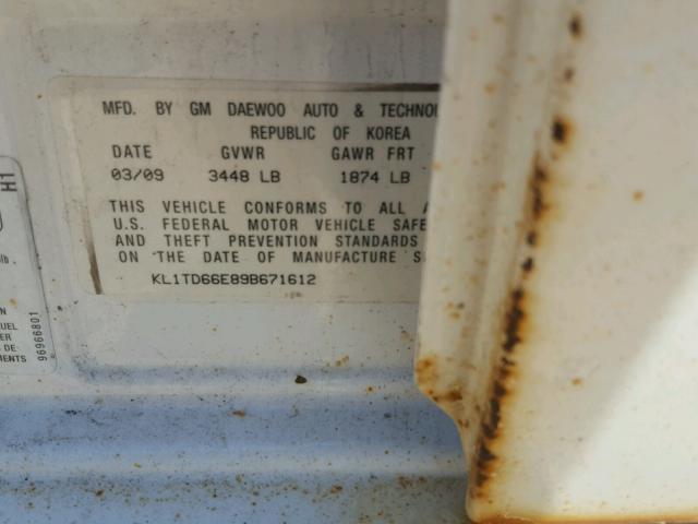 KL1TD66E89B671612 - 2009 CHEVROLET AVEO LS WHITE photo 10