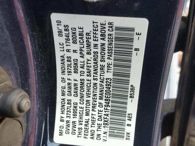 19XFA1F94BE004923 - 2011 HONDA CIVIC EXL BLUE photo 10
