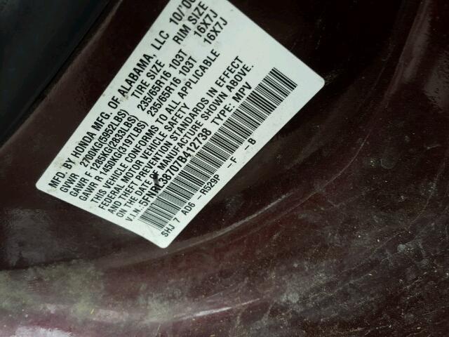 5FNRL38707B412738 - 2007 HONDA ODYSSEY EX BURGUNDY photo 10