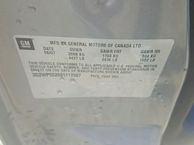 2G2WP552681117387 - 2008 PONTIAC GRAND PRIX GRAY photo 10