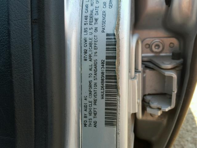 WAULD64B03N013402 - 2003 AUDI A6 2.7T QU SILVER photo 10