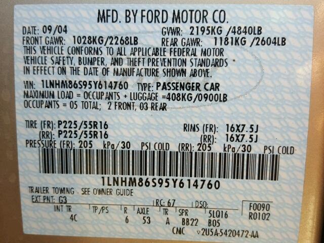 1LNHM86S95Y614760 - 2005 LINCOLN LS თაფლისფერი ფოტო 10