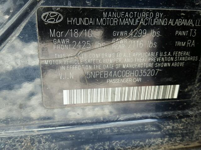 5NPEB4AC0BH035207 - 2011 HYUNDAI SONATA GLS BLUE photo 10