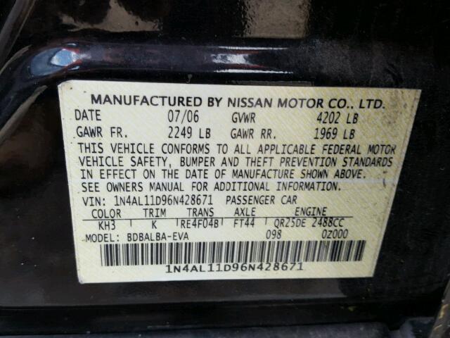 1N4AL11D96N428671 - 2006 NISSAN ALTIMA S BLACK photo 10