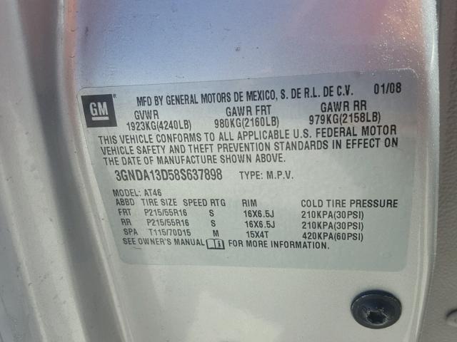 3GNDA13D58S637898 - 2008 CHEVROLET HHR LS SILVER photo 10