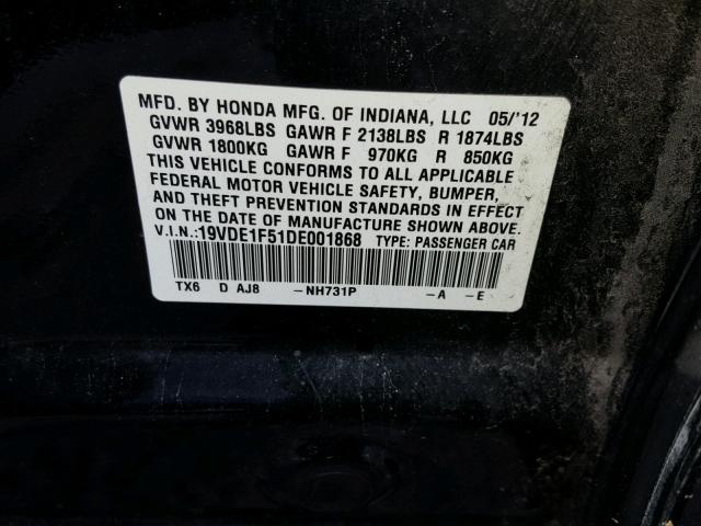 19VDE1F51DE001868 - 2013 ACURA ILX 20 PRE BLACK photo 10