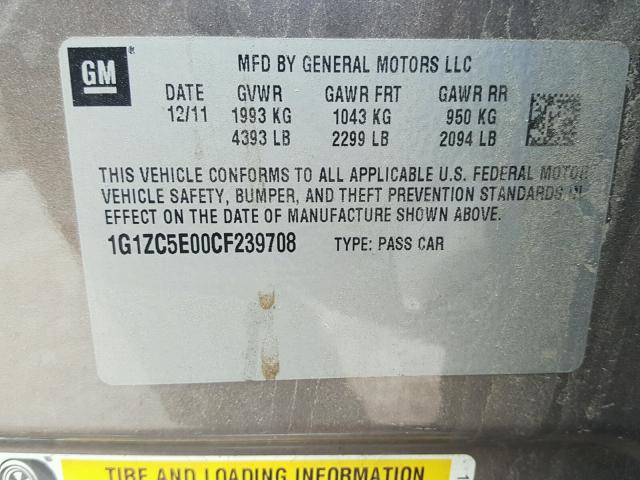 1G1ZC5E00CF239708 - 2012 CHEVROLET MALIBU 1LT GRAY photo 10