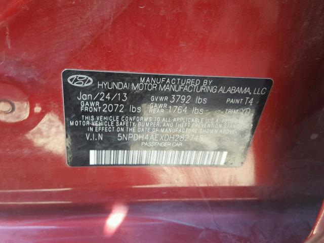 5NPDH4AEXDH282748 - 2013 HYUNDAI ELANTRA RED photo 10