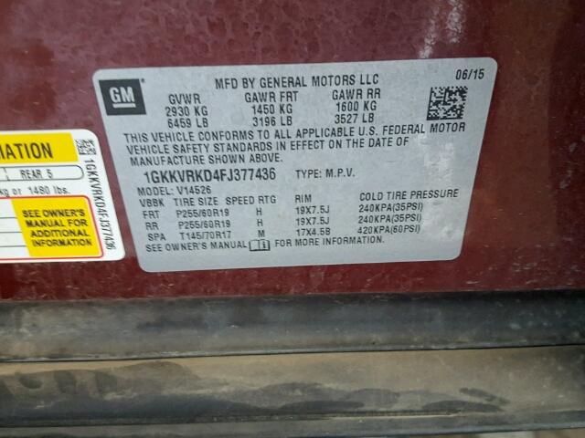 1GKKVRKD4FJ377436 - 2015 GMC ACADIA SLT წითელი ფოტო 10