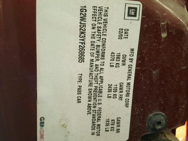 1G2WJ52K3YF268685 - 2000 PONTIAC GRAND PRIX RED photo 10