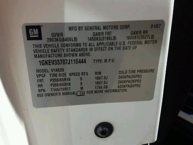 1GKEV33787J116444 - 2007 GMC ACADIA SLT თეთრი ფოტო 10