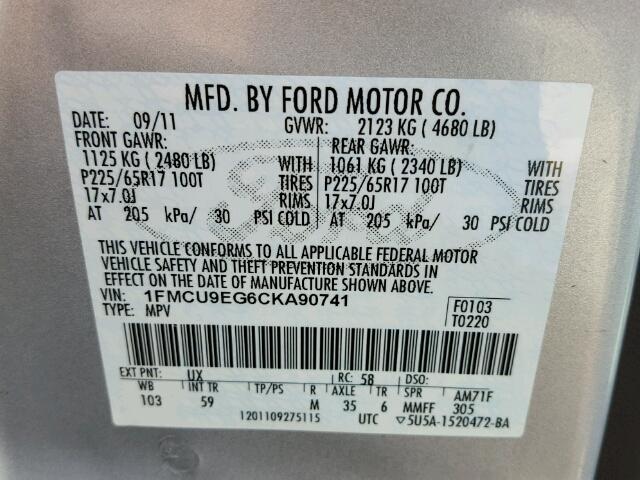 1FMCU9EG6CKA90741 - 2012 FORD ESCAPE LIM SILVER photo 10