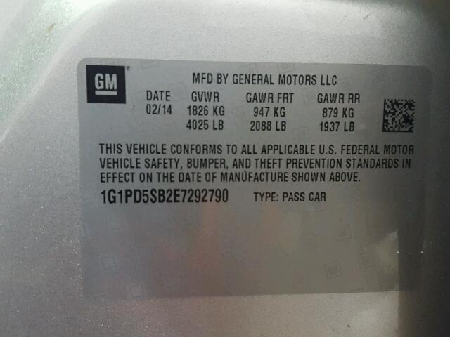 1G1PD5SB2E7292790 - 2014 CHEVROLET CRUZE LT SILVER photo 10