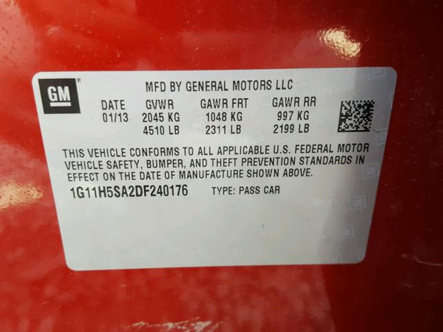 1G11H5SA2DF240176 - 2013 CHEVROLET MALIBU LTZ 栗色 照片 10