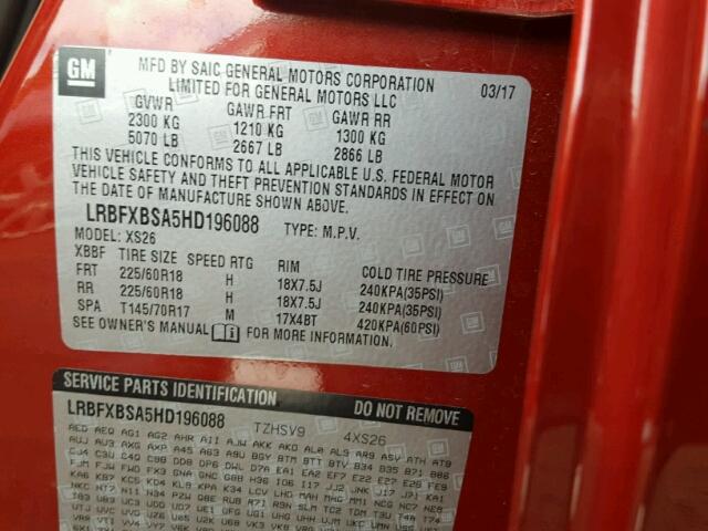 LRBFXBSA5HD196088 - 2017 BUICK ENVISION E RED photo 10