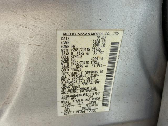 5N1BA08D98N602953 - 2008 NISSAN ARMADA SE SILVER photo 10