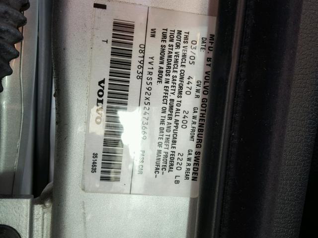 YV1RS592X52473669 - 2005 VOLVO S60 2.5T SILVER photo 10