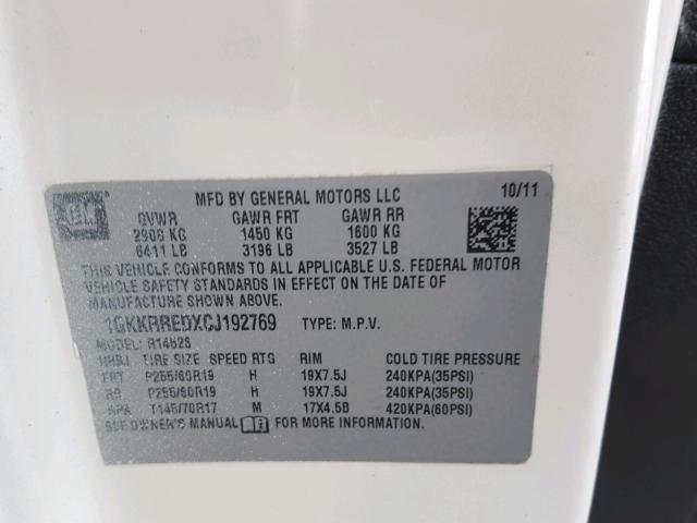 1GKKRREDXCJ192769 - 2012 GMC ACADIA SLT თეთრი ფოტო 10