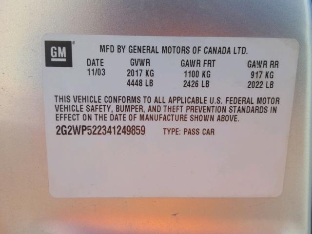 2G2WS522741124751 - 2004 PONTIAC GRAND PRIX GRAY photo 10