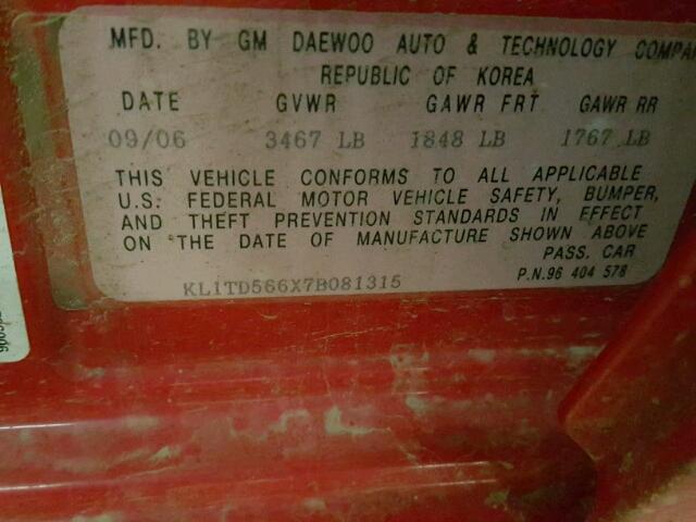 KL1TD566X7B081315 - 2007 CHEVROLET AVEO BASE Қызыл фото 10