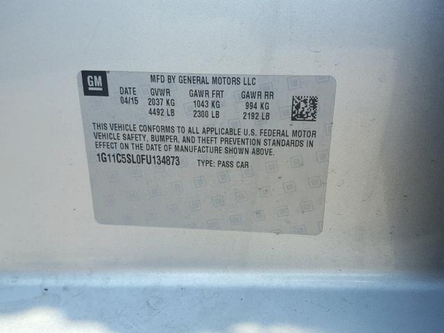 1G11C5SL0FU134873 - 2015 CHEVROLET MALIBU 1LT SILVER photo 10