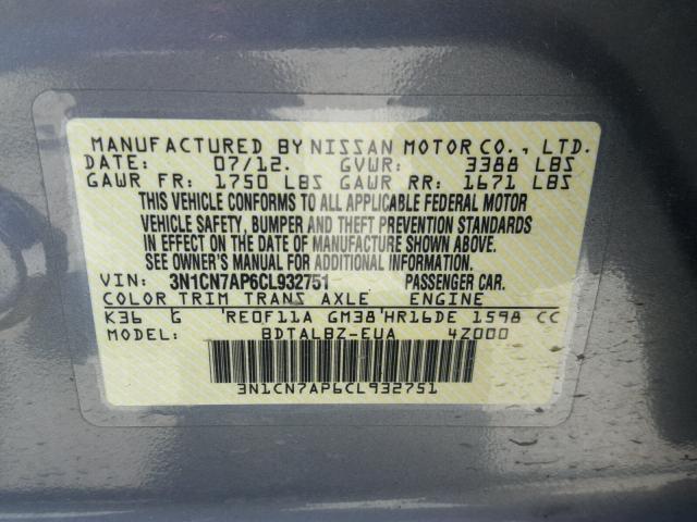 3N1CN7AP6CL932751 - 2012 NISSAN VERSA SV GRAY photo 10