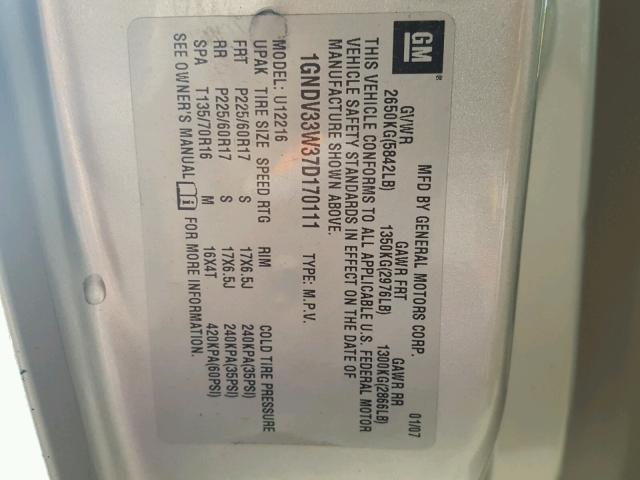 1GNDV33W37D170111 - 2007 CHEVROLET UPLANDER L 银色 照片 10