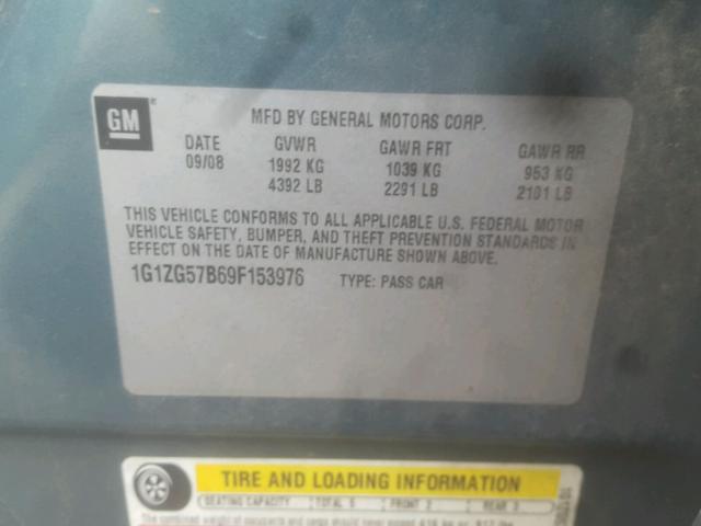 1G1ZG57B69F153976 - 2009 CHEVROLET MALIBU LS მწვანე ფოტო 10