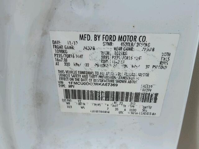 1FMCU0DG3BKA87369 - 2011 FORD ESCAPE XLT WHITE photo 10