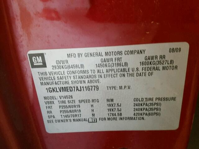 1GKLVMED7AJ116779 - 2010 GMC ACADIA SLT წითელი ფოტო 10