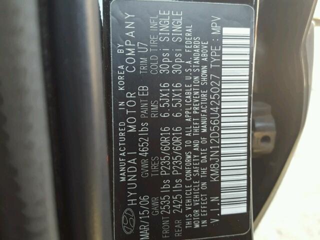 KM8JN12D56U425027 - 2006 HYUNDAI TUCSON GLS BLACK photo 10