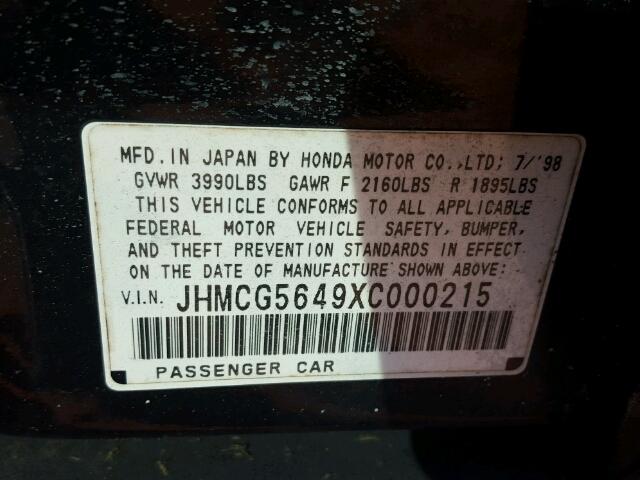 JHMCG5649XC000215 - 1999 HONDA ACCORD GREEN photo 10