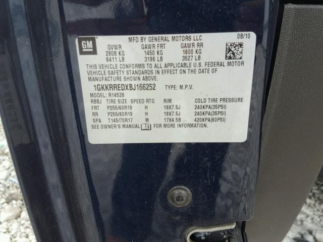 1GKKRREDXBJ166252 - 2011 GMC ACADIA SLT ლურჯი ფოტო 10