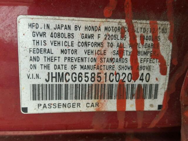 JHMCG65851C020740 - 2001 HONDA ACCORD EX BURGUNDY photo 10