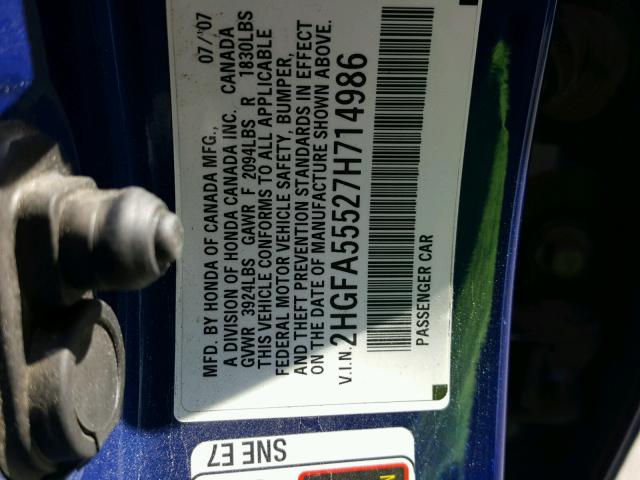 2HGFA55527H714986 - 2007 HONDA CIVIC SI BLUE photo 10