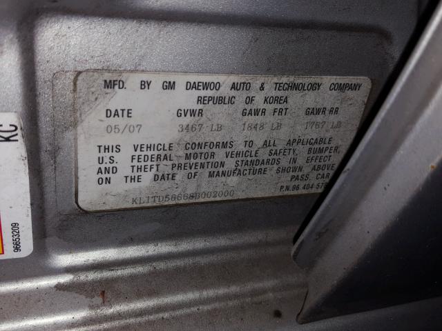 KL1TD56668B002000 - 2008 CHEVROLET AVEO BASE Srebrny zdjęcie 10