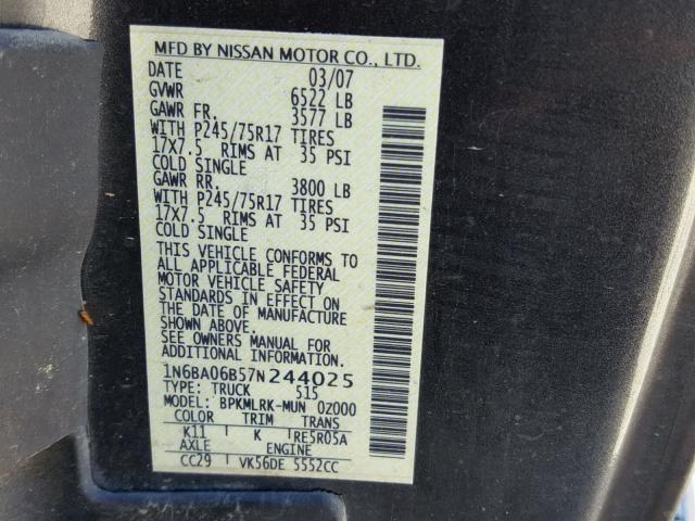 1N6BA06B57N244025 - 2007 NISSAN TITAN XE GRAY photo 10