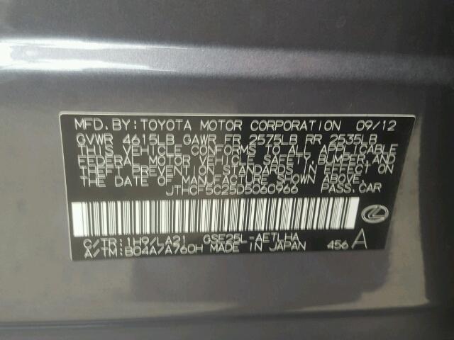 JTHCF5C25D5060966 - 2013 LEXUS IS 250 CHARCOAL photo 10