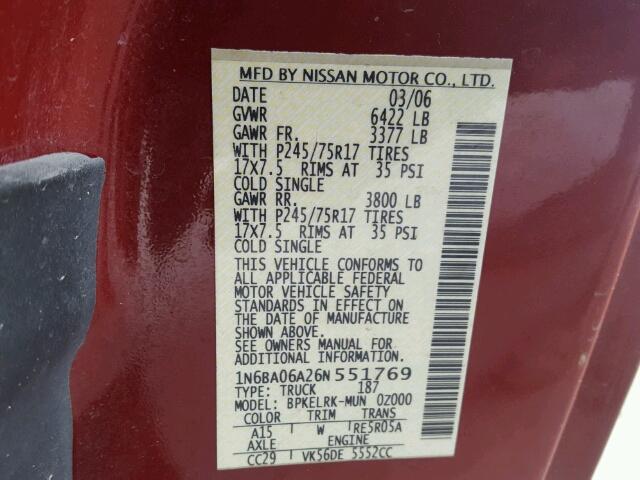 1N6BA06A26N551769 - 2006 NISSAN TITAN XE RED photo 10