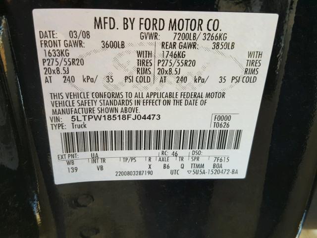 5LTPW18518FJ04473 - 2008 LINCOLN MARK LT BLACK photo 10