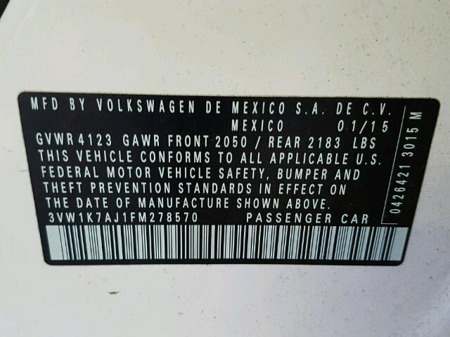 3VW1K7AJ1FM278570 - 2015 VOLKSWAGEN JETTA BASE Սպիտակ լուսանկար 10
