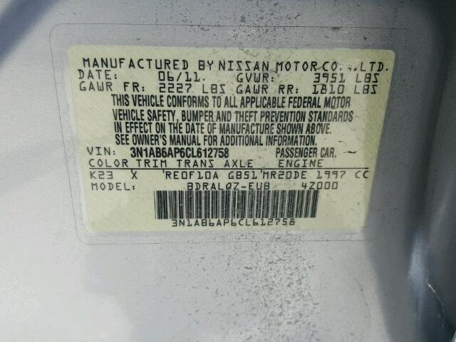 3N1AB6AP6CL612758 - 2012 NISSAN SENTRA 2.0 SILVER photo 10