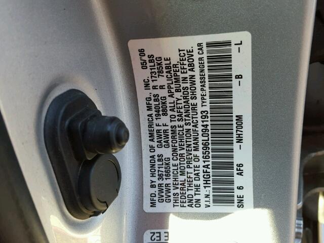 1HGFA16596L094193 - 2006 HONDA CIVIC LX SILVER photo 10