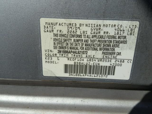 3N1BB6AP4AL621072 - 2010 NISSAN SENTRA SE- SILVER photo 10